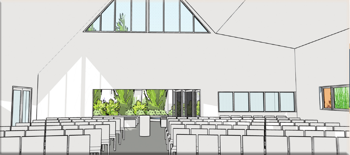 Architectural interior rendering of worship in the proposed sanctuary